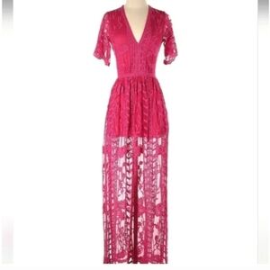 Socialite fuchsia lace embroidery short sleeve overlay romper